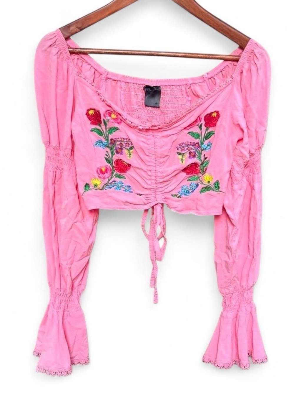 Pink Embroidered Crop Peasant Top long poet sleeves floral boho ruched